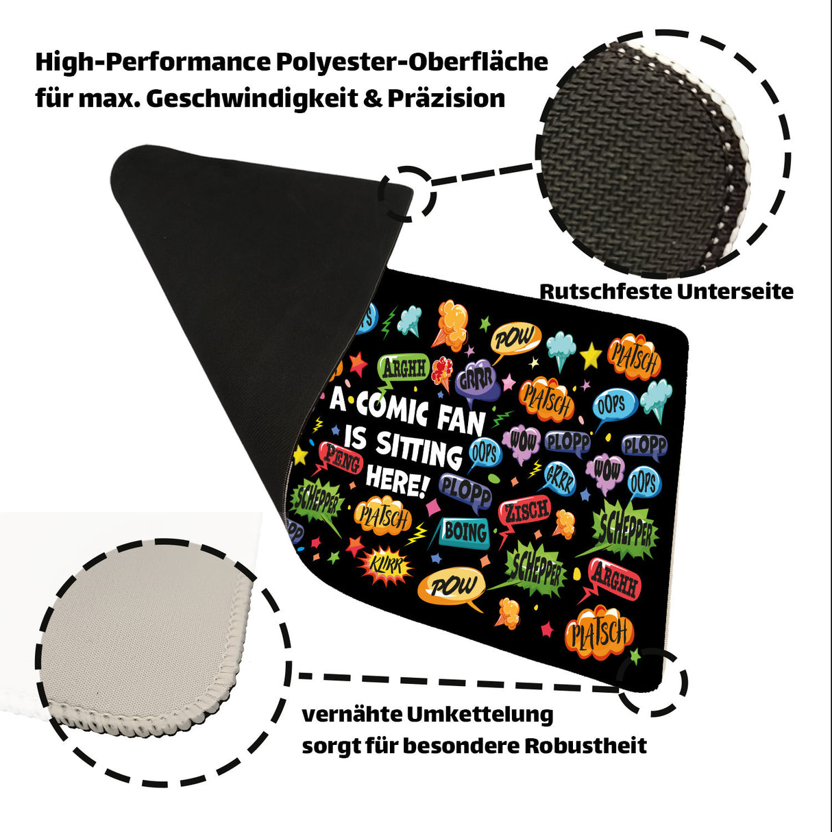 Comic Schreibtischunterlage 69x31cm XXL Mauspad mit Spruch: Comic Fan is sitting here!