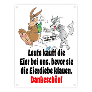 Osterhase und Wolf Metallschild in 15x20 cm mit Spruch: Kauft Eier bei uns!