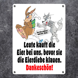 Osterhase und Wolf Metallschild in 15x20 cm mit Spruch: Kauft Eier bei uns!