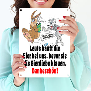 Osterhase und Wolf Metallschild in 15x20 cm mit Spruch: Kauft Eier bei uns!