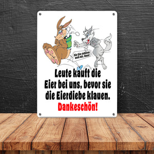 Osterhase und Wolf Metallschild in 15x20 cm mit Spruch: Kauft Eier bei uns!