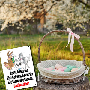 Osterhase und Wolf Metallschild in 15x20 cm mit Spruch: Kauft Eier bei uns!
