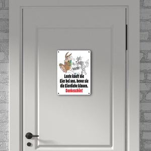 Osterhase und Wolf Metallschild in 15x20 cm mit Spruch: Kauft Eier bei uns!