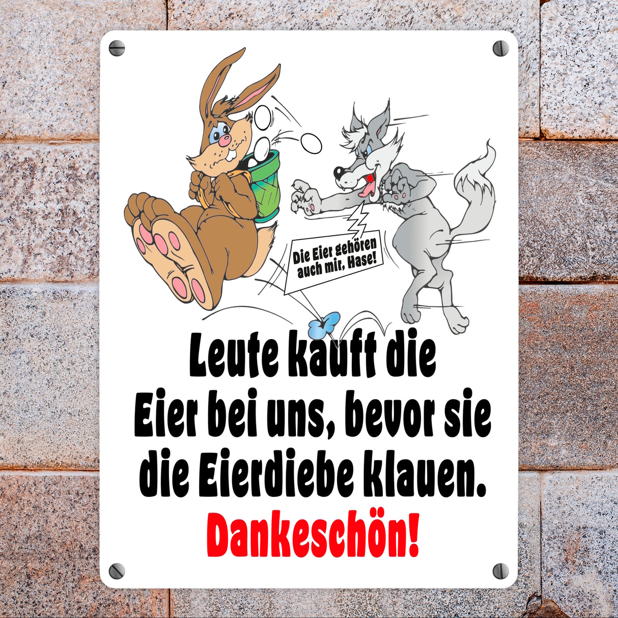 Osterhase und Wolf Metallschild in 15x20 cm mit Spruch: Kauft Eier bei uns!