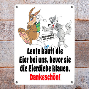 Osterhase und Wolf Metallschild in 15x20 cm mit Spruch: Kauft Eier bei uns!
