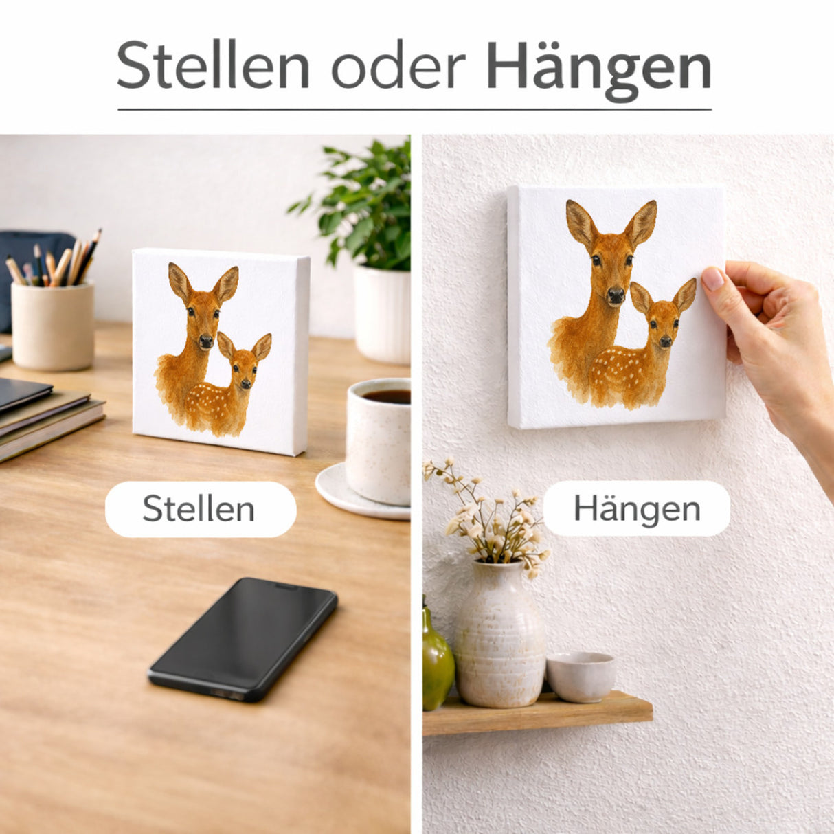 Tiere des Waldes Reh mit Kitz Holzbild in 10x10 cm zum Stellen oder Aufhängen