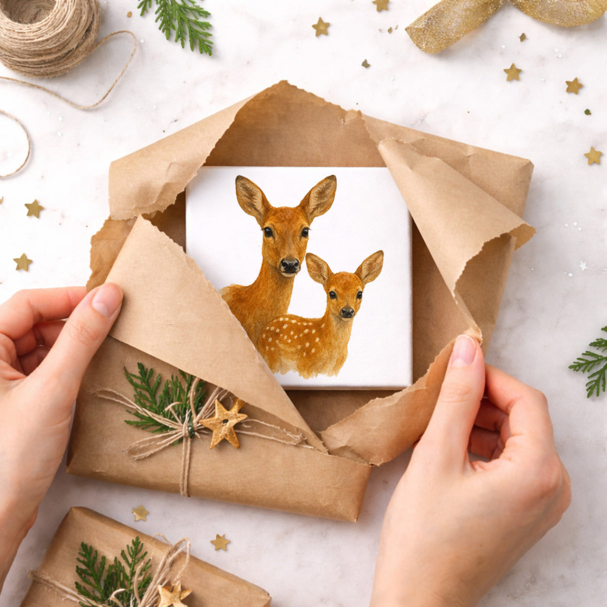 Tiere des Waldes Reh mit Kitz Holzbild in 10x10 cm zum Stellen oder Aufhängen