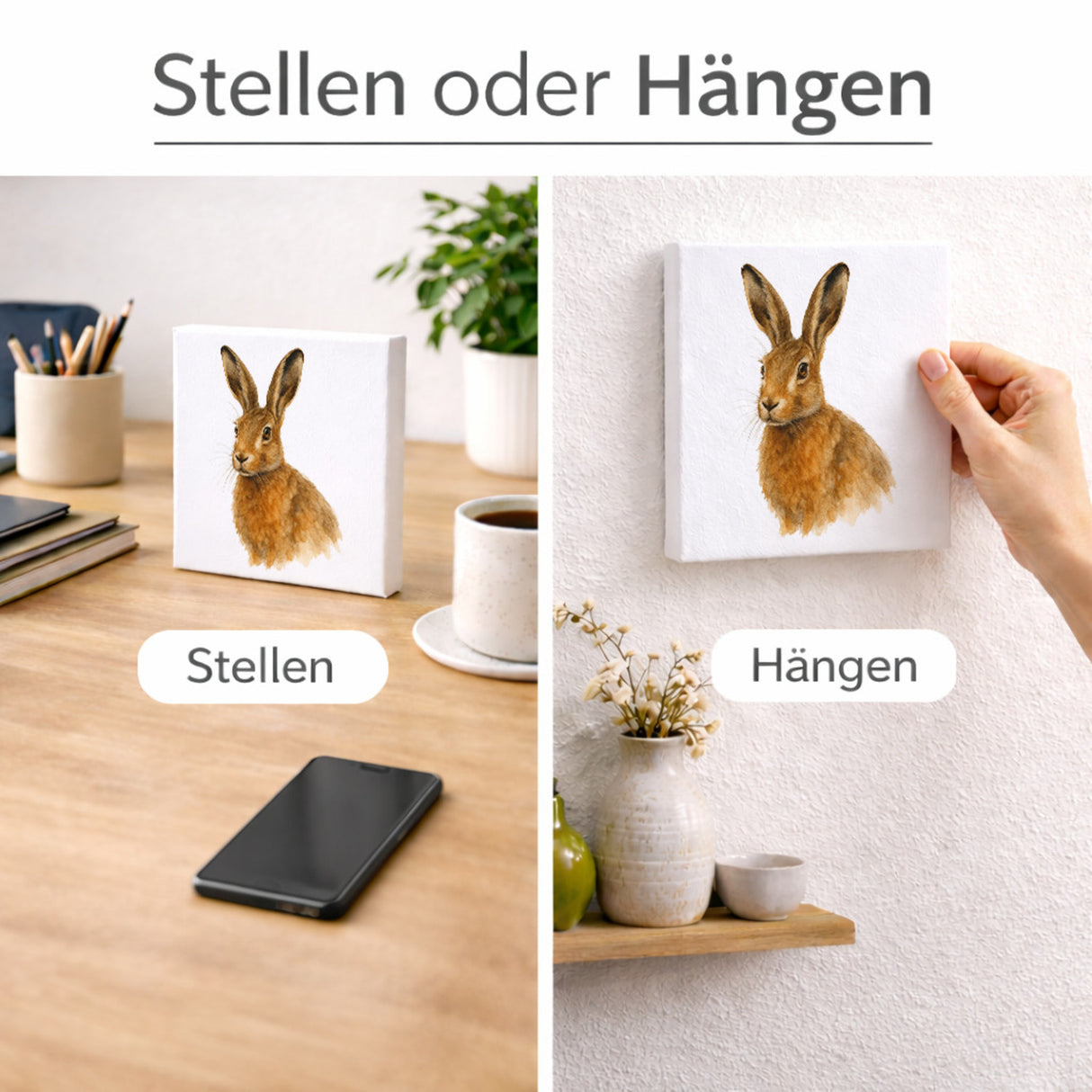 Tiere des Waldes Aquarellhase Holzbild in 10x10 cm zum Stellen oder Aufhängen