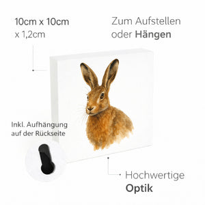 Tiere des Waldes Aquarellhase Holzbild in 10x10 cm zum Stellen oder Aufhängen