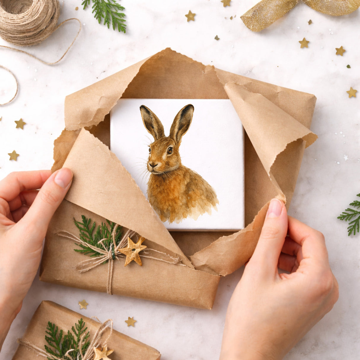 Tiere des Waldes Aquarellhase Holzbild in 10x10 cm zum Stellen oder Aufhängen