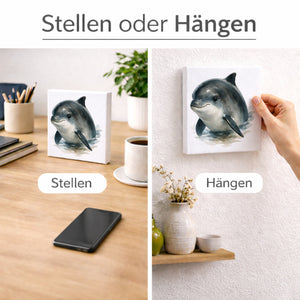 Wasserleben Delfin Aquarell Holzbild in 10x10 cm zum Stellen oder Aufhängen