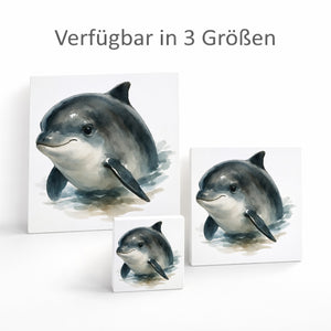 Wasserleben Delfin Aquarell Holzbild in 10x10 cm zum Stellen oder Aufhängen