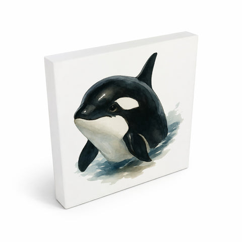 Wasserleben Orca Aquarell Holzbild in 10x10 cm zum Stellen oder Aufhängen