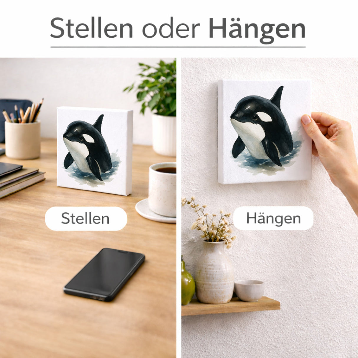 Wasserleben Orca Aquarell Holzbild in 10x10 cm zum Stellen oder Aufhängen