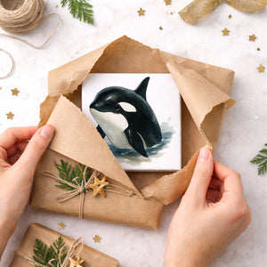 Wasserleben Orca Aquarell Holzbild in 10x10 cm zum Stellen oder Aufhängen