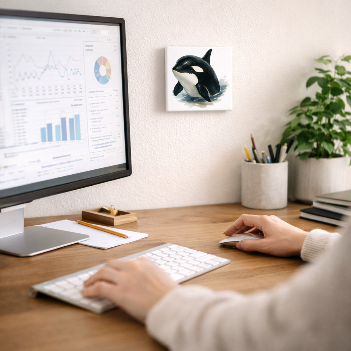 Wasserleben Orca Aquarell Holzbild in 10x10 cm zum Stellen oder Aufhängen