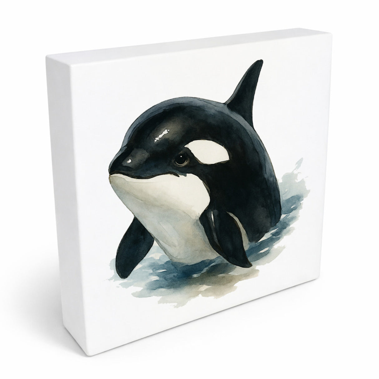 Wasserleben Orca Aquarell Holzbild in 10x10 cm zum Stellen oder Aufhängen