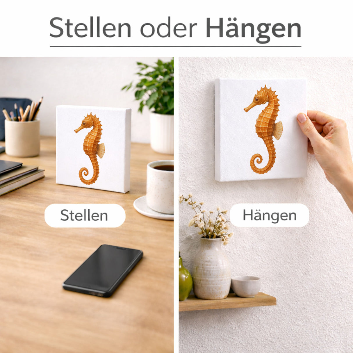 Wasserwelt Seepferdchen Illustration Holzbild in 10x10 cm zum Stellen oder Aufhängen