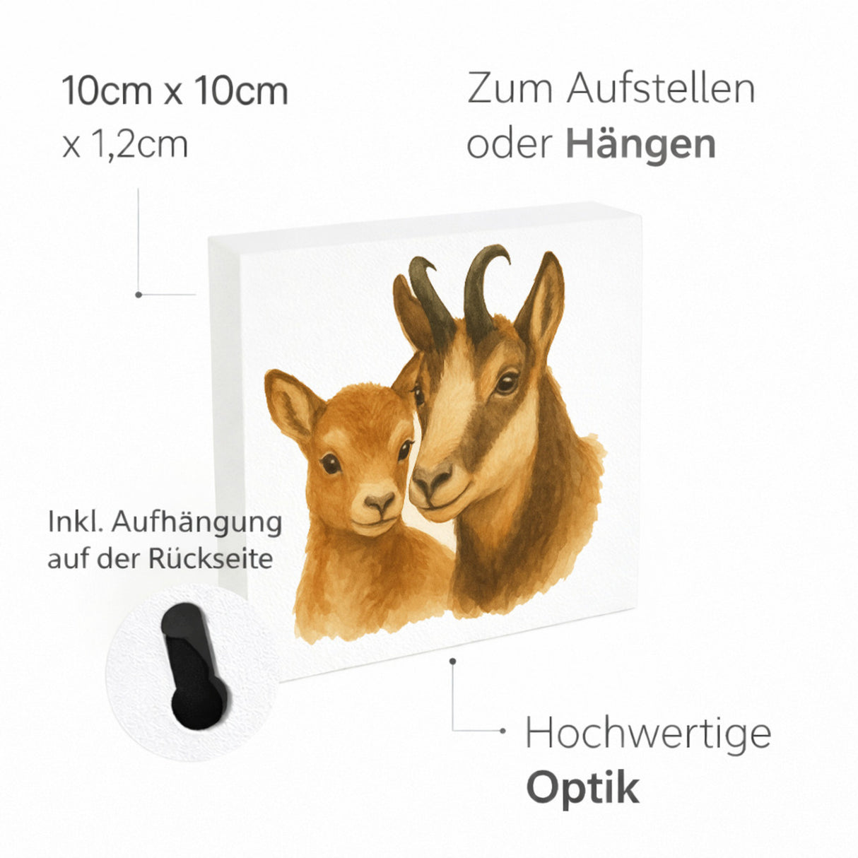 Gipfelliebe Gämse mit Jungtier Holzbild in 10x10 cm zum Stellen oder Aufhängen