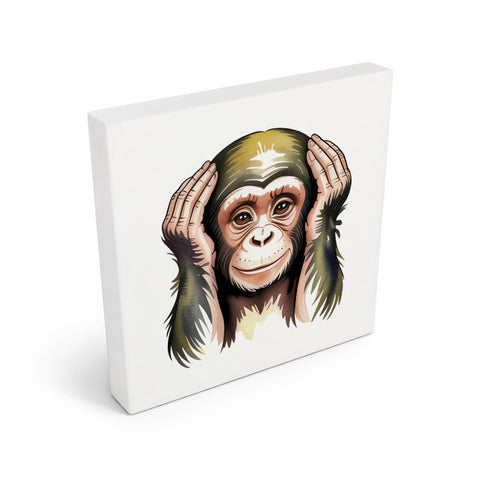 Die drei Affen nichts hören Holzbild in 10x10 cm zum Stellen oder Aufhängen