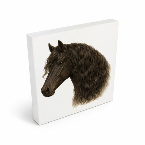 Prächtige Schönheiten Pferde Friese Pferdekopf Holzbild in 10x10 cm zum Stellen oder Aufhängen