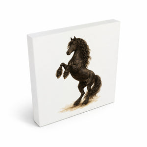 Prächtige Schönheiten Steigender Friese Pferde Holzbild in 10x10 cm zum Stellen oder Aufhängen