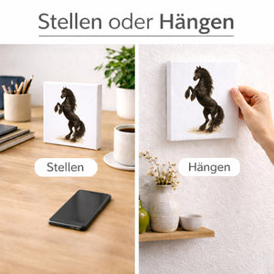 Prächtige Schönheiten Steigender Friese Pferde Holzbild in 10x10 cm zum Stellen oder Aufhängen