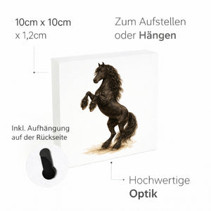 Prächtige Schönheiten Steigender Friese Pferde Holzbild in 10x10 cm zum Stellen oder Aufhängen