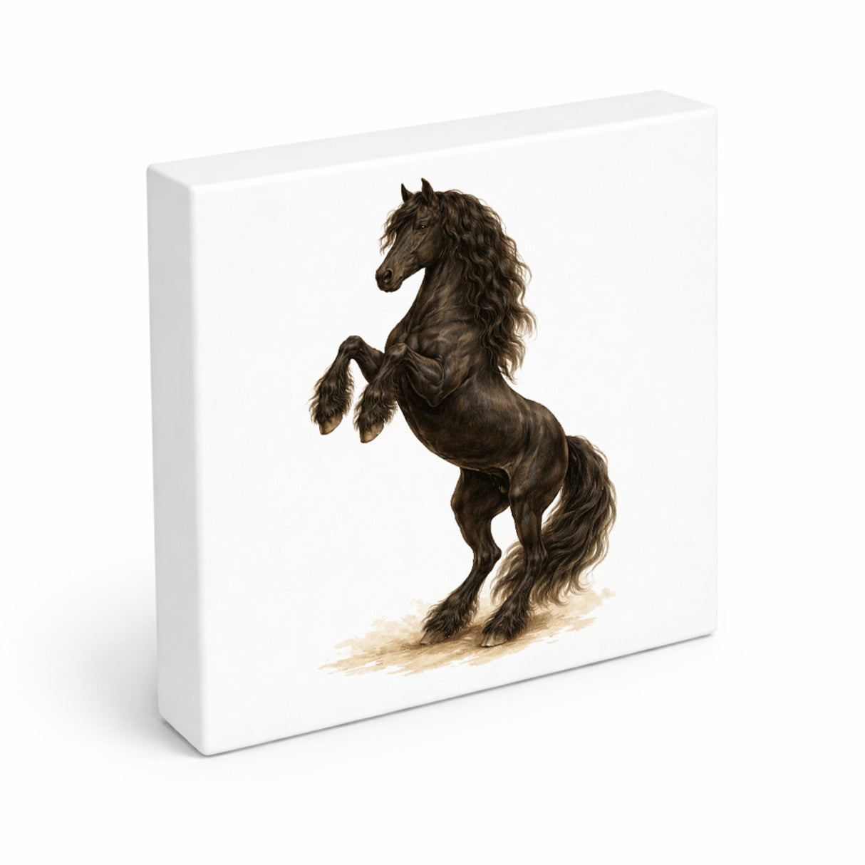 Prächtige Schönheiten Steigender Friese Pferde Holzbild in 10x10 cm zum Stellen oder Aufhängen