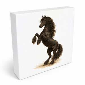 Prächtige Schönheiten Steigender Friese Pferde Holzbild in 10x10 cm zum Stellen oder Aufhängen