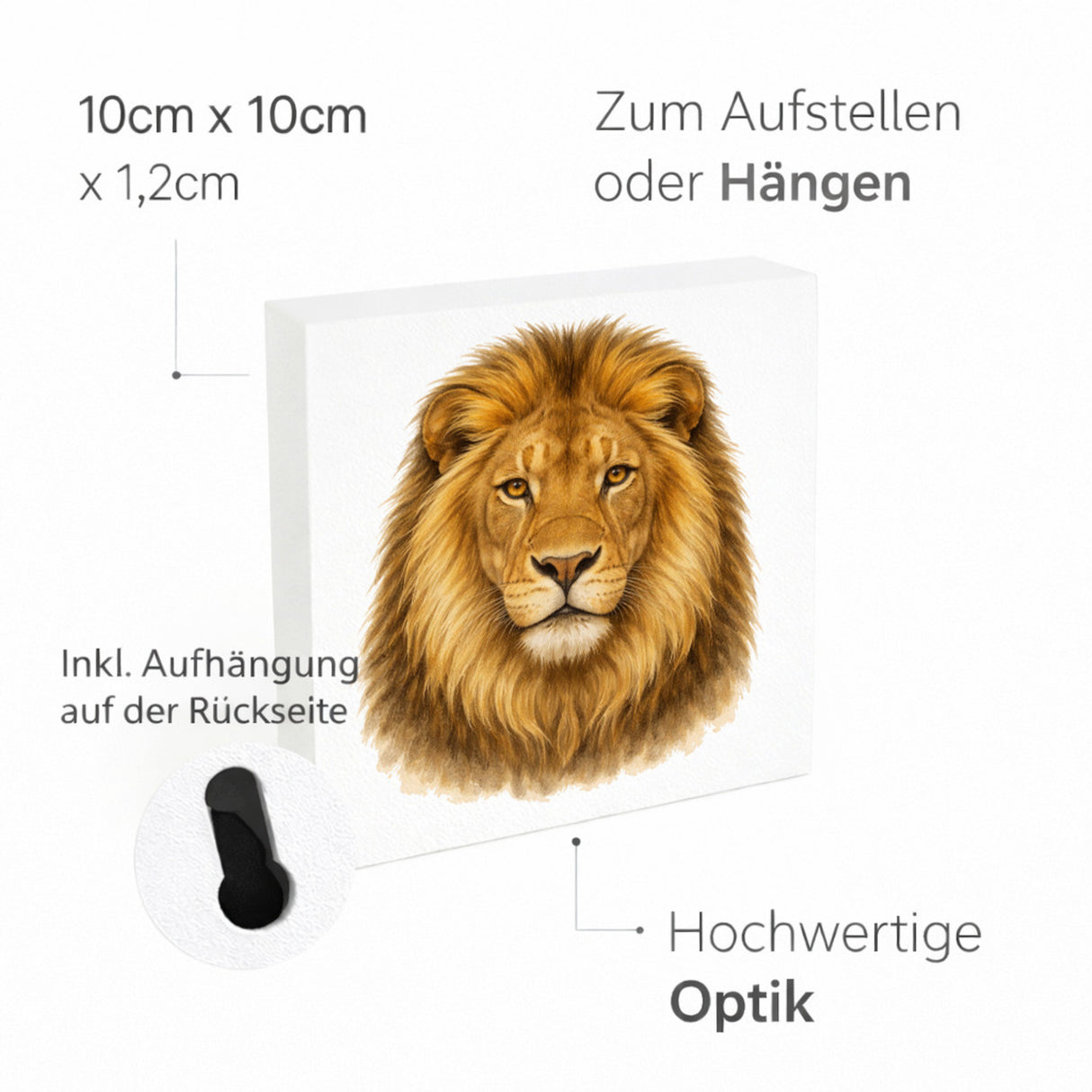 Raubtierblick Löwenkopf Holzbild in 10x10 cm zum Stellen oder Aufhängen