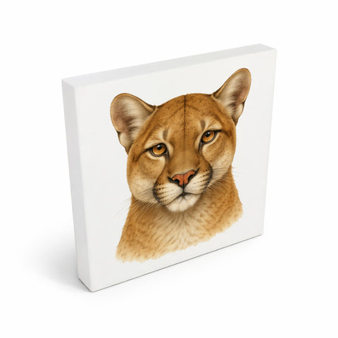 Raubtierblick Puma Porträt Holzbild in 10x10 cm zum Stellen oder Aufhängen