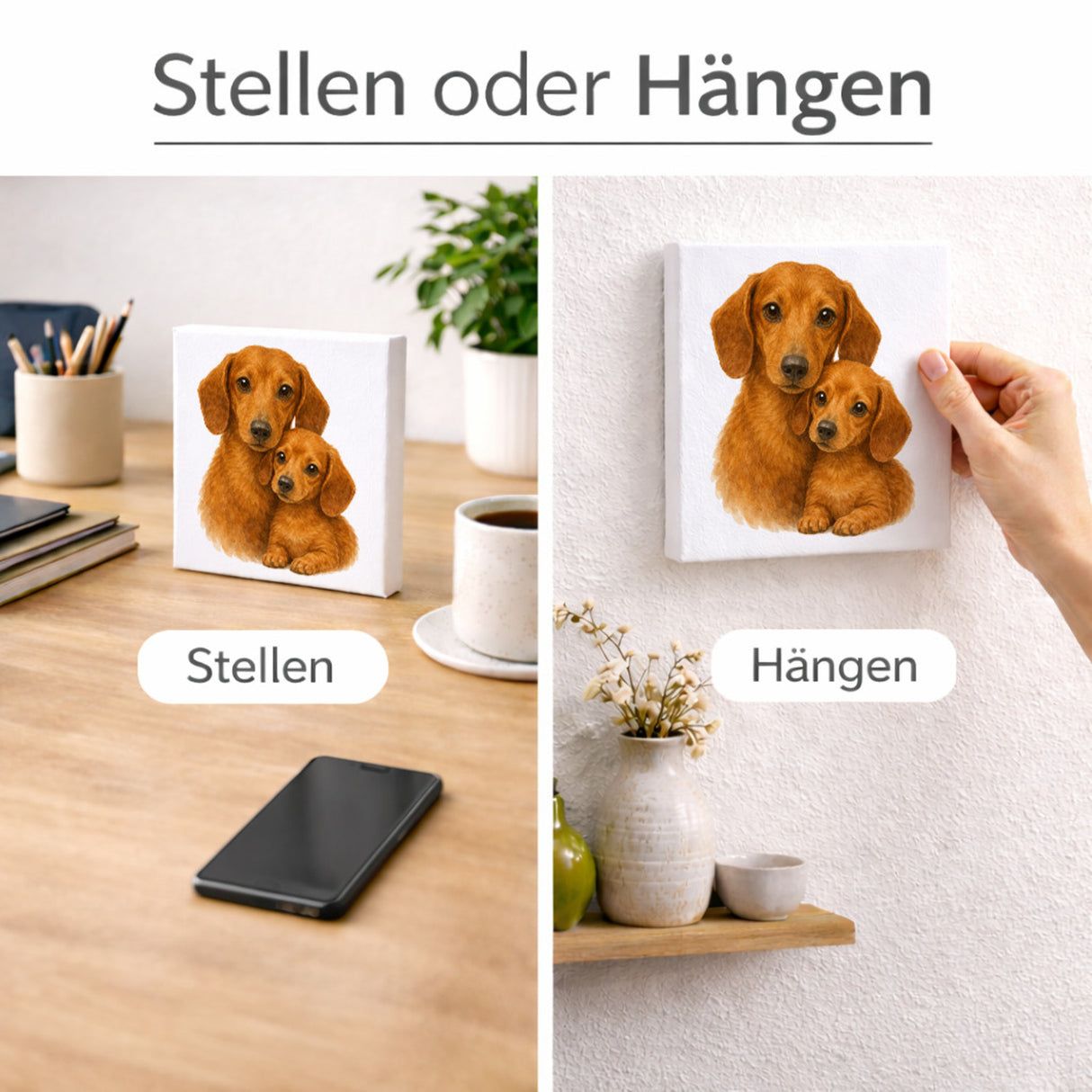 Dackelträume Dackel mit Welpe Holzbild in 10x10 cm zum Stellen oder Aufhängen