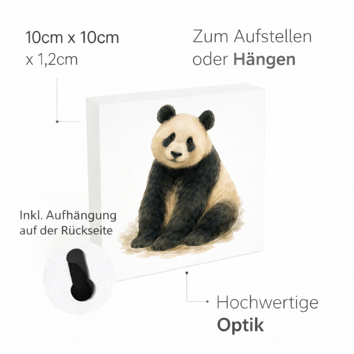 Pandaglück sitzender Panda Holzbild in 10x10 cm zum Stellen oder Aufhängen