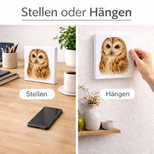 Luft Könige Eulen Porträt Holzbild in 10x10 cm zum Stellen oder Aufhängen