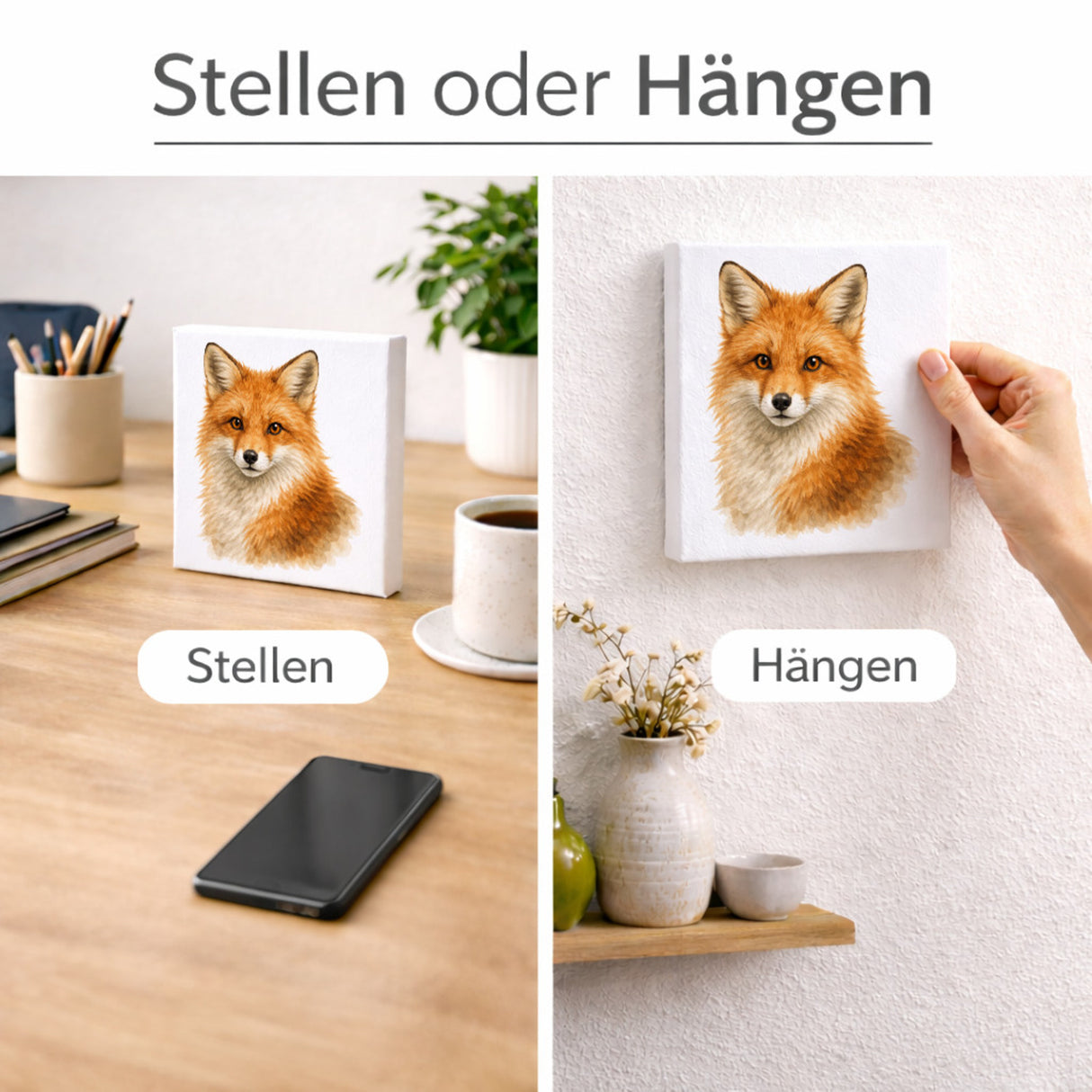 Wild Eyes Fuchs Porträt Holzbild in 10x10 cm zum Stellen oder Aufhängen