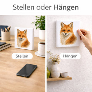 Wild Eyes Fuchs Porträt Holzbild in 10x10 cm zum Stellen oder Aufhängen