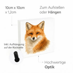Wild Eyes Fuchs Porträt Holzbild in 10x10 cm zum Stellen oder Aufhängen