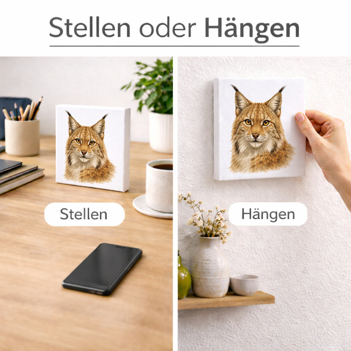 Wild Eyes Luchs Porträt Holzbild in 10x10 cm zum Stellen oder Aufhängen