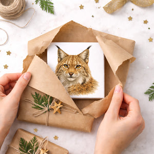 Wild Eyes Luchs Porträt Holzbild in 10x10 cm zum Stellen oder Aufhängen