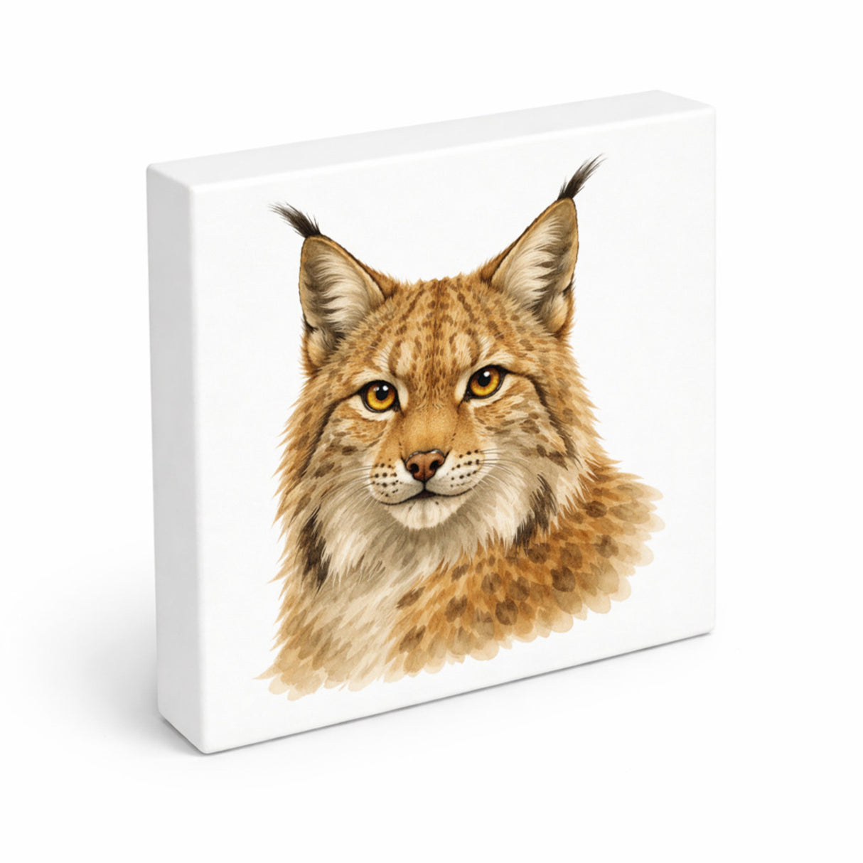 Wild Eyes Luchs Porträt Holzbild in 10x10 cm zum Stellen oder Aufhängen