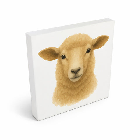 Bauernhof Charme Schaf Porträt Holzbild in 10x10 cm zum Stellen oder Aufhängen