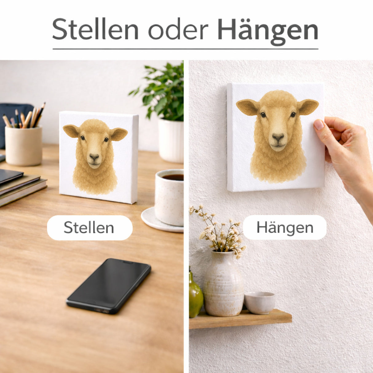 Bauernhof Charme Schaf Porträt Holzbild in 10x10 cm zum Stellen oder Aufhängen