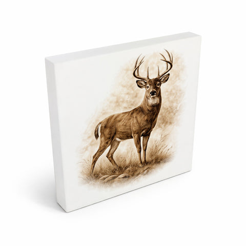 Wald Schönheit Hirsch im Gras Holzbild in 10x10 cm zum Stellen oder Aufhängen