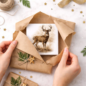 Wald Schönheit Hirsch im Gras Holzbild in 10x10 cm zum Stellen oder Aufhängen