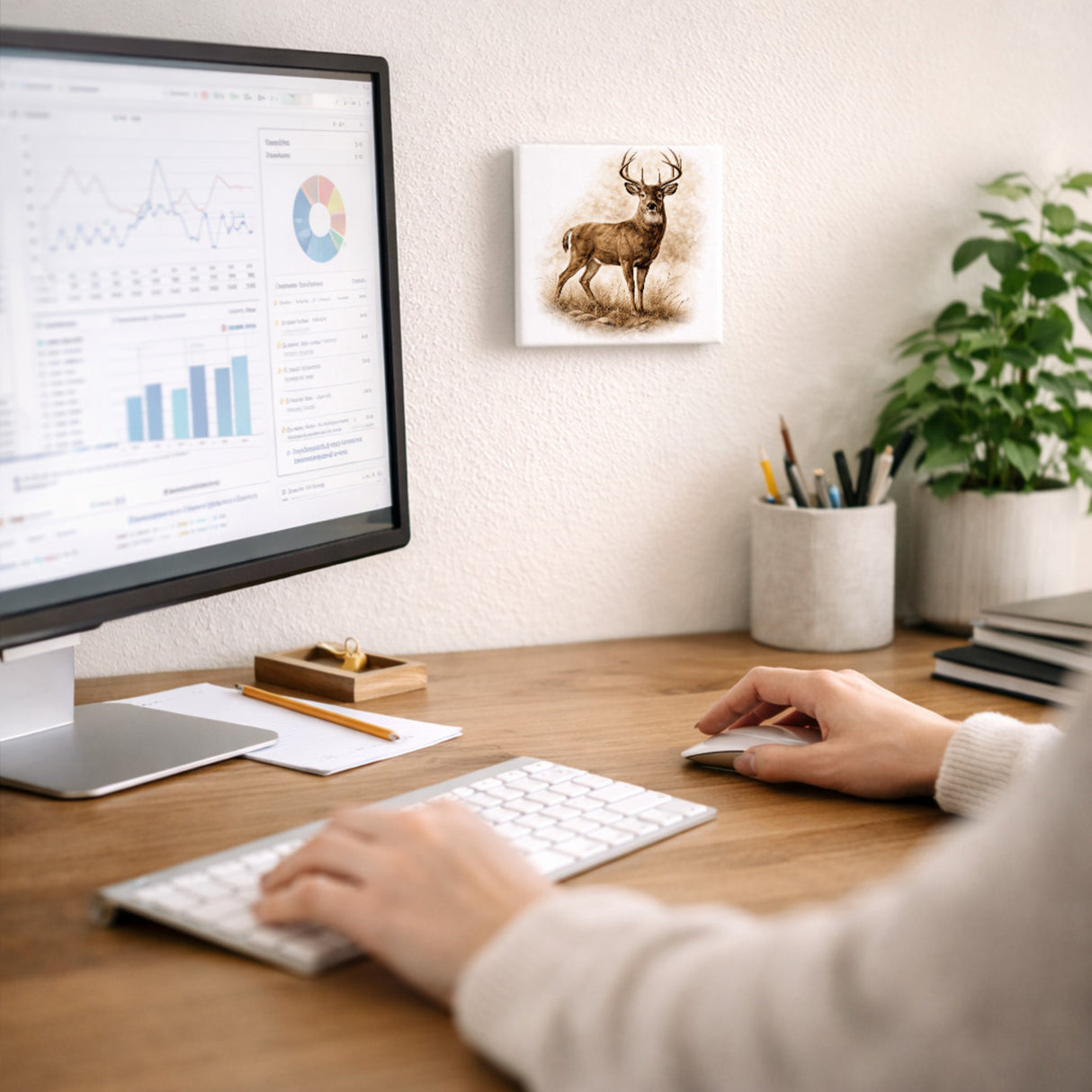 Wald Schönheit Hirsch im Gras Holzbild in 10x10 cm zum Stellen oder Aufhängen