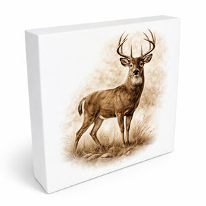 Wald Schönheit Hirsch im Gras Holzbild in 10x10 cm zum Stellen oder Aufhängen