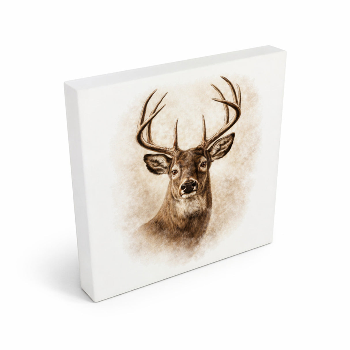 Wald Schönheit Hirschkopf Porträt Holzbild in 10x10 cm zum Stellen oder Aufhängen