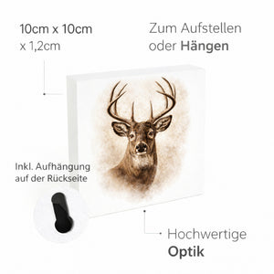 Wald Schönheit Hirschkopf Porträt Holzbild in 10x10 cm zum Stellen oder Aufhängen