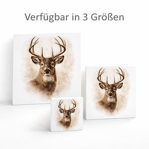 Wald Schönheit Hirschkopf Porträt Holzbild in 10x10 cm zum Stellen oder Aufhängen